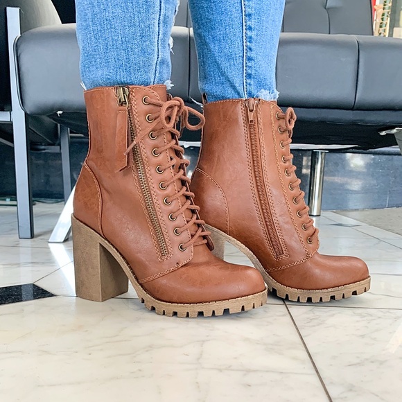 Shoes - Tan Malia Combat Lace up Heel Bootie